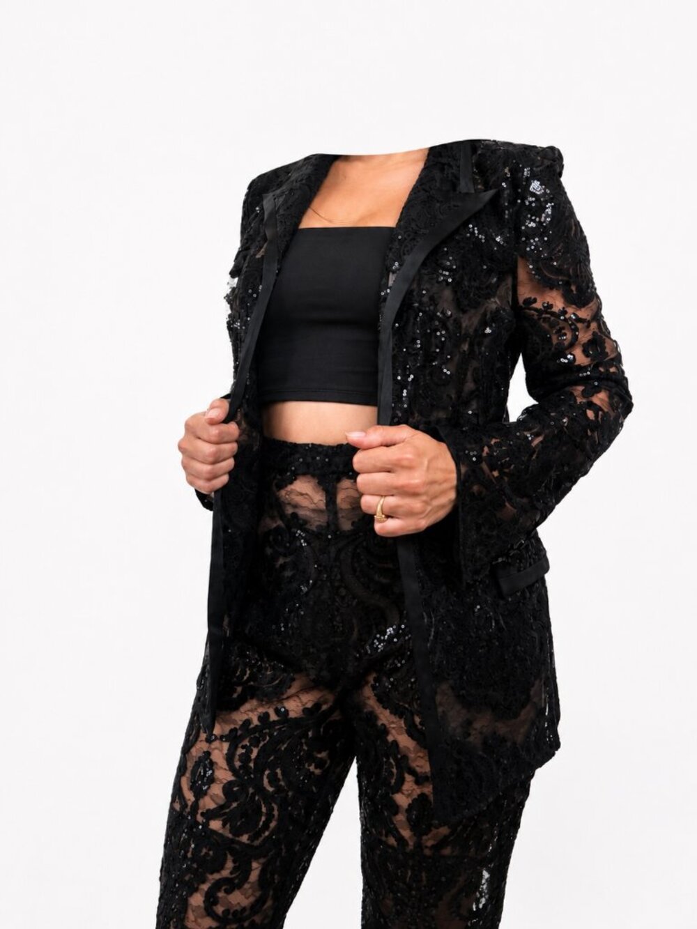 NWT Nadine Merabi Piper Black Blazer & Matching Lace Sequin Flare Pants Set